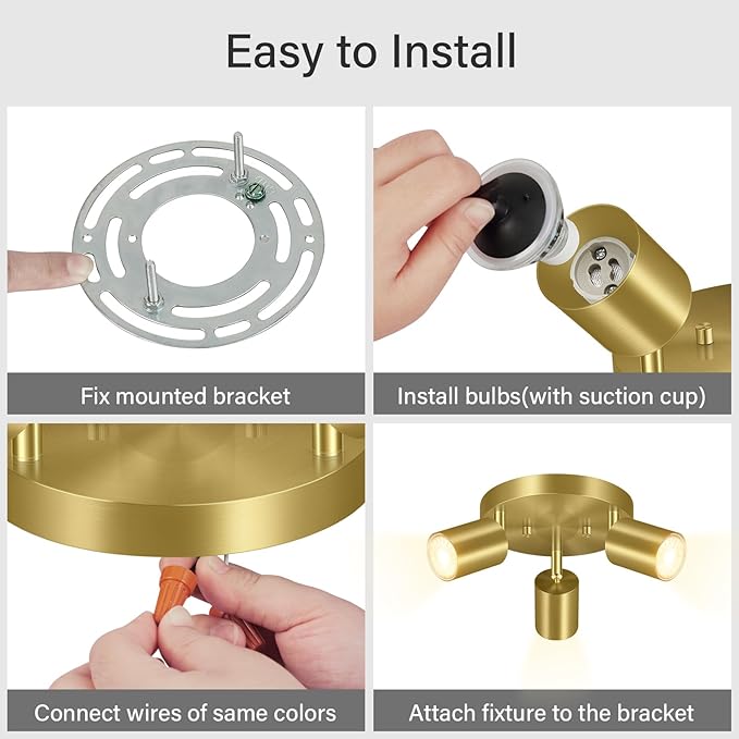 BoostArea LED 3 Light Track Lighting Kit, LED Track Lighting Fixtures, Gold Round Ceiling Spot Lighting, Flexibly Rotatable Light Head for Kitchen, Living Room, Bedroom, GU10 Bulb Not Included