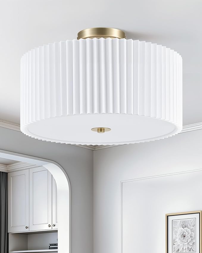 VONLUCE Semi-Flush Mount Ceiling Light, 15.7" Modern 3-Light Ceiling Light Fixture with White Pleated Drum Shade 3 E26 Sockets for Bedroom Entryway Living Room, Bronze Finish, ETL Certificated