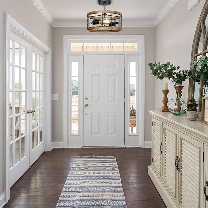 2-Light Farmhouse Semi Flush Mount Ceiling Light Fixture, Rustic Drum Wood Ceiling Lamp for Hallway Kitchen Entryway Foyer Bedroom Laundry Room, Nature Wood Texture and Black Metal Fence Finish