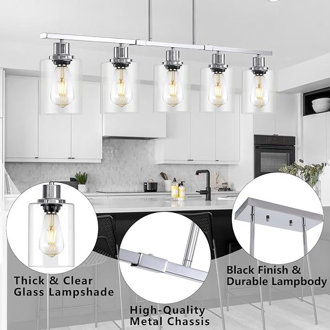 39.4" Kitchen Island Lighting, 5 Lights Clear Glass Pendant Light Fixtue, Chrome Linear Metal Chandelier for Dining&Living Room Foyer,Height Adjustable,E26 Socket