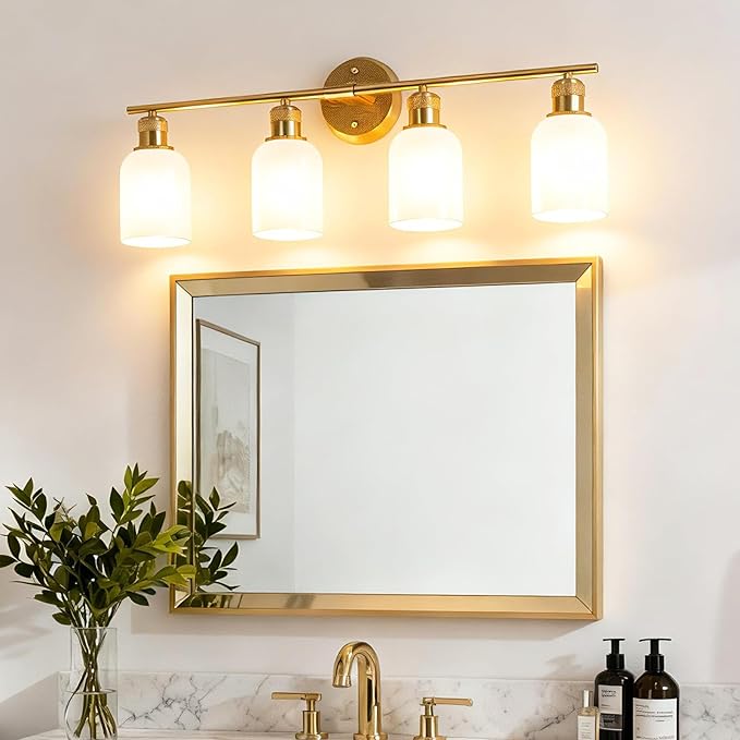 Vintage Gold 4-Light Vanity Light, Light Fixtures with White Glass Shade for Bathroom Mirror Kitchen Living Room Hallway Cabinet Porch