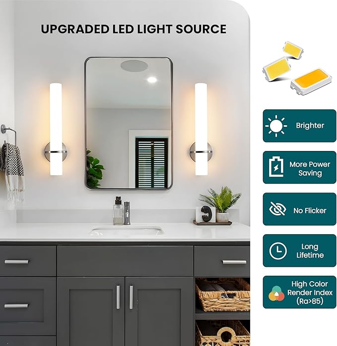 AIJIASI Brushed Nickel Bathroom Sconces Wall Lighting 18W LED Dimmable Vanity Light Fixture, 3000K Modern Wall Light Fixtures Indoor Wall Lamps for Bedroom Living Room Mirror Hallway Porch 18 inch