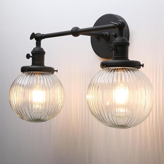 PERMO 2 Lights Sconce Industrial Wall Sconce Lighting with Ribbed Globe Glass Lampshade Vintage Double Sconce Hardwired Wall Sconce with Switch