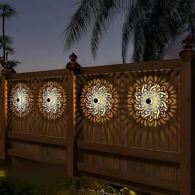 Decorative Solar Mandala Lights, Solar Mandala Lights Outdoor, Mandala Theme Waterproof Fence Light for Garden Post Patio Backyard Yard Decor (2PCS, Warm White