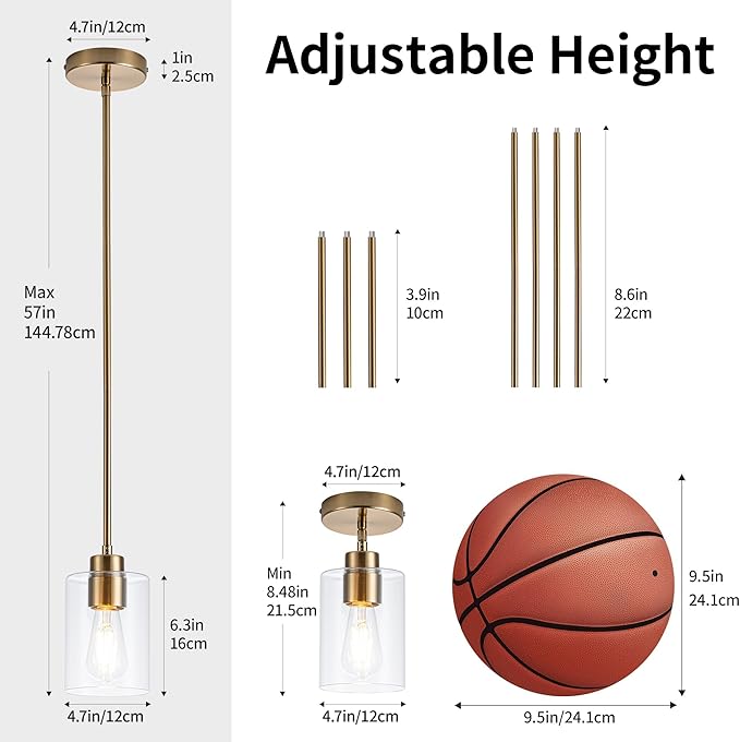 MAYNA 1-Pack Brushed Brass Drop Light, Modern Mid Century Cylinder Pendant with Bulb, Adjustable Rods Gold Finish Ceiling Lamp for Bedroom, Living Room Corner
