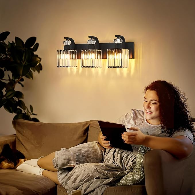 Modern Bathroom Vanity Light, 3-Light Black Bathroom Lighting Fixtures Over Mirror, 20.5" Crystal Wall Light Sconce for Bathroom/Bedroom/Vanity, Includes LED Bulbs, Easy Installation
