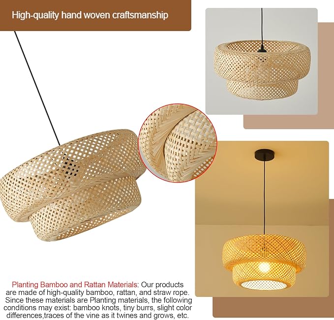 Bamboo Pendant Light,Boho Rattan Hanging Light,13.8" Hand Woven Wicker Chandelier for Kitchen Island for Kitchen Island Dining Bedroom Living Room Restaurants