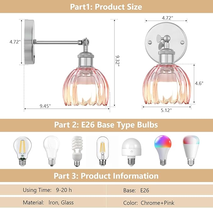 Vintage Battery Operated Wall Sconce, Pink Tulip Glass Lampshade Wireless Rechargeable Battery Powered LED Wall Light with Remote Dimmable for Bedside Bedroom Living Room, Silver, Set of 2