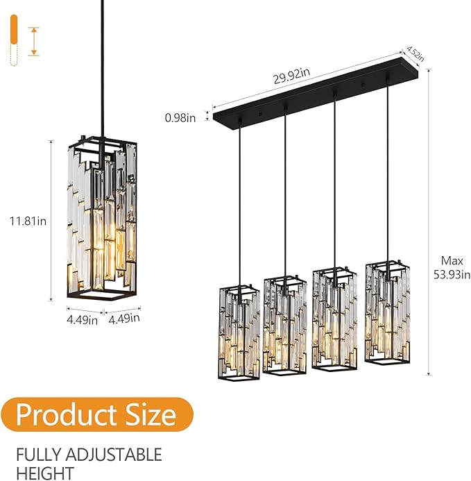 4-Light Adjustable Pendant Light, Modern Mini Crystal Chandelier with Black Metal Frame, Kitchen Island Lighting for Dining Room, Bedroom, Easy Installation