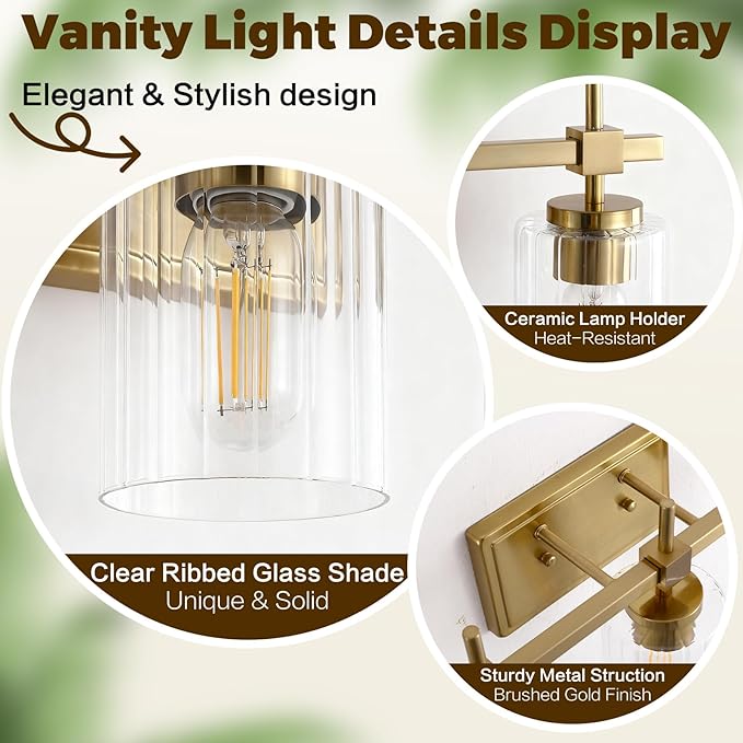 Asnxcju 3-Light Brushed Gold Bathroom Light Fixtures, Modern Gold Vanity Lights with Clear Textured Glass Shades for Mirror, Bathroom Wall Sconces Lighting for Kitchen Living Room Hallway Porch