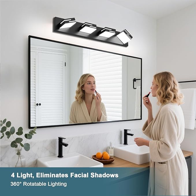 LED Modern Bathroom Vanity Light Fixtures, 4-Light 28-inch Dimmable Matte Black Vanity Lights for Bathroom Lighting Fixtures Over Mirror, with 360° Rotatable Acrylic Heads (Cool White 6000K)