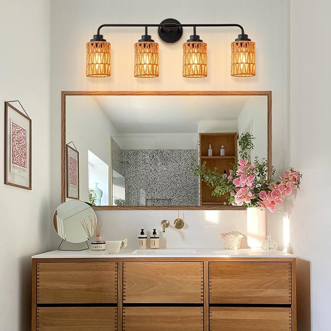 Bathroom Vanity Light, 4-Lights Boho Bathroom Light Fixtures Over Mirror with Rustic Handwoven Shades 30 inch Farmhouse Wall Sconce Lighting