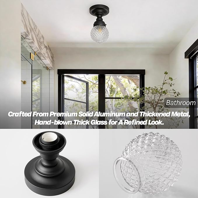 Schoolhouse Semi Flush Mount Ceiling Light,Black Close to Ceiling Light Fixtures with Hand-Blown Glass Shade Modern Hallway Ceiling Lamp for Laundry Entryway Kitchen Bathroom E26