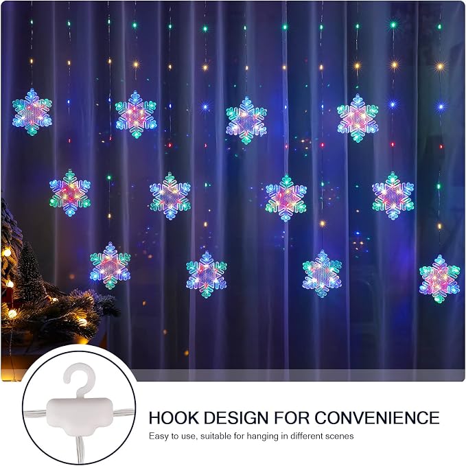 BLOOMWIN Christmas Fairy Curtain Lights 9.8ft Snowflake Lights USB Christmas Indoor Decorations 204LEDs Twinkle Lights with Remote for Bedroom Xmas - Colorful