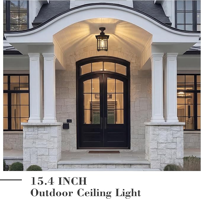 Emliviar Outdoor Semi Flush Mount Ceiling Light Fixture, 15.4 Inch Black Porch Light Ceiling Mount with Clear Glass for Proch, E26 Base Socket, XE309F-M BK