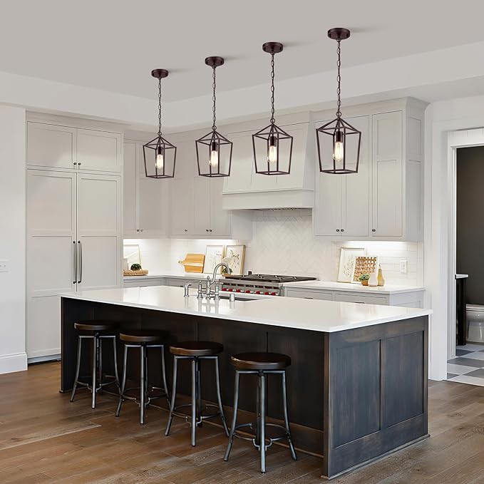 2-Pack Gold Pendant Lights Kitchen Island, Modern Mid Century Light Fixtures Hanging Lamp for Kitchen, Farmhouse Kitchen Pendant Lighting Over Island, Metal Cage Design