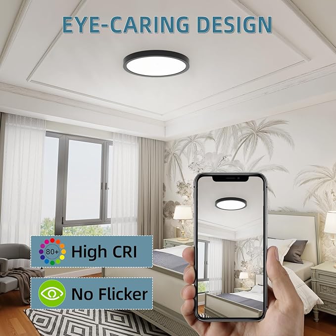 TOPELER Black LED Flush Mount Ceiling Light, 9inch 24W 2000Lm Dimmable Overhead Lighting Fixture, 5CCT Selectable Round Flat Panel Light for Laundry, Stairwell, Basement, Bathroom