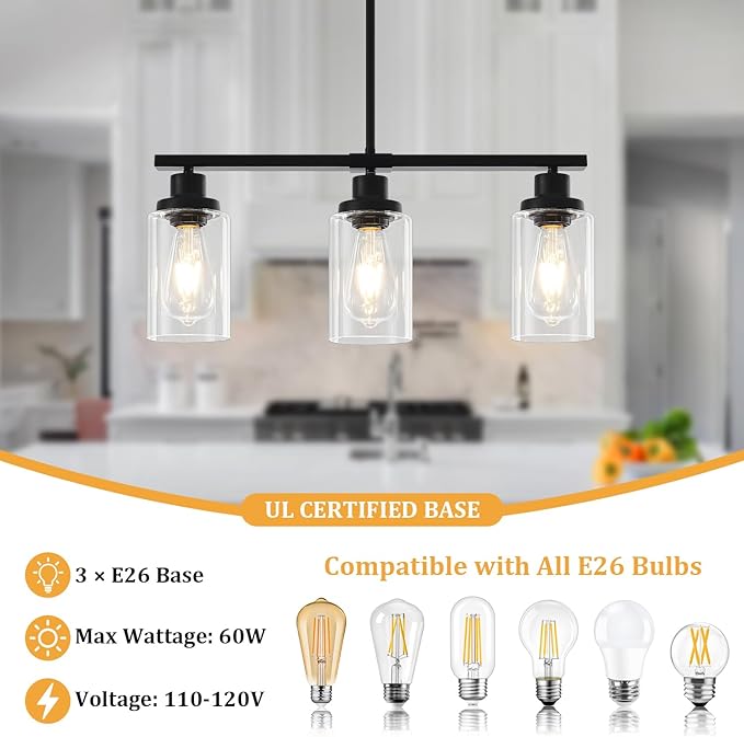 Modern Island Lights for Kitchen Black Dining Room Light Fixtures Over Table 3-Light Farmhouse Linear Chandelier Clear Glass Kitchen Lights Ceiling Adjustable Hanging Pendant Lighting Over Island