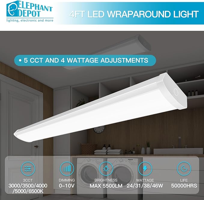 4PK 4FT LED Wraparound Light, 48 Inch Garage Ceiling Lights, 24/31/38/46W, 5500LM, 3000-6500K 5CCT, 120-277V Hardwired 4FT Led Light Fixtures for Garage, Workshop,Closet,Shop,UL(0-10 v dimming!)