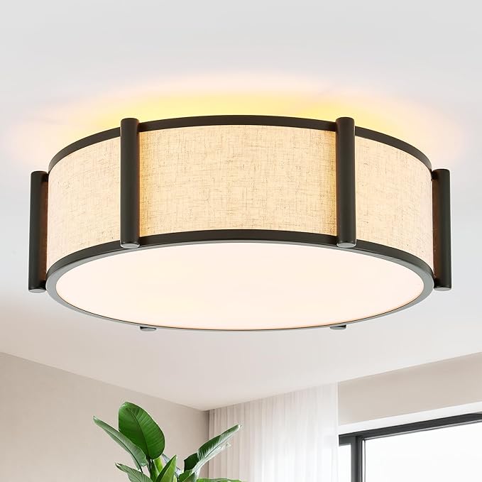 18" Semi Flush Mount Ceiling Light Modern 3-Lights Black Drum Ceiling Light Fixture with Fabric Linen Shade, Vintage Modern Ceiling Lighting for Laundry Room, Kitchen, Basement, Bedroom