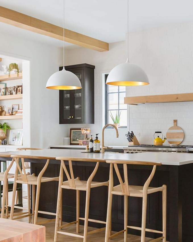 White Pendant Lights Kitchen Island 15.7", Modern Large Pendant Light Adjustable Height, Farmhouse Dome Hanging Light for Dining Room Bedroom Foyer Barn