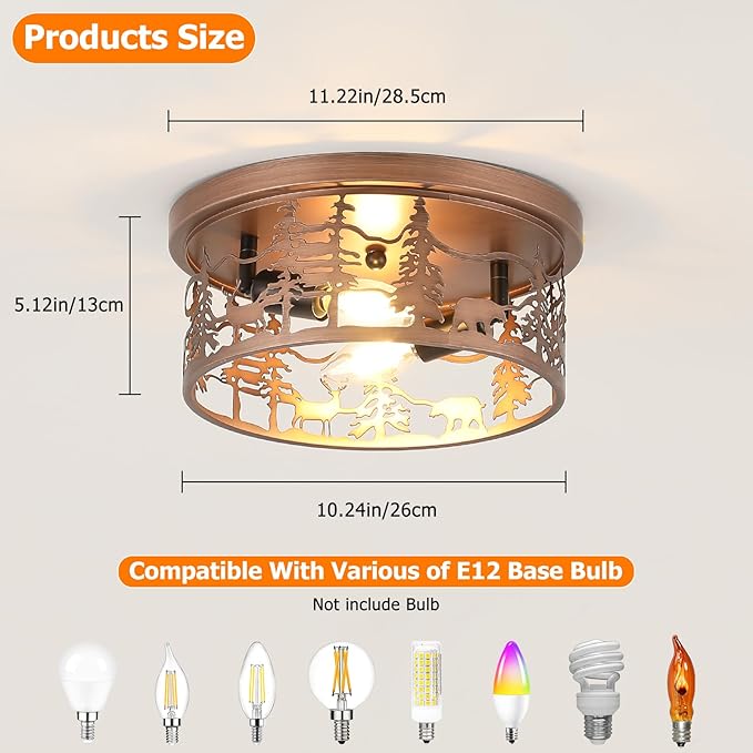 2 Pack Rustic Bear Flush Mount Ceiling Light Fixture, 11" Round Farmhouse Vintage Industrial Metal Cage Light, Perfect for Kitchen, Dining Room, Foyer Entryway, Cabin, Loft Lighting