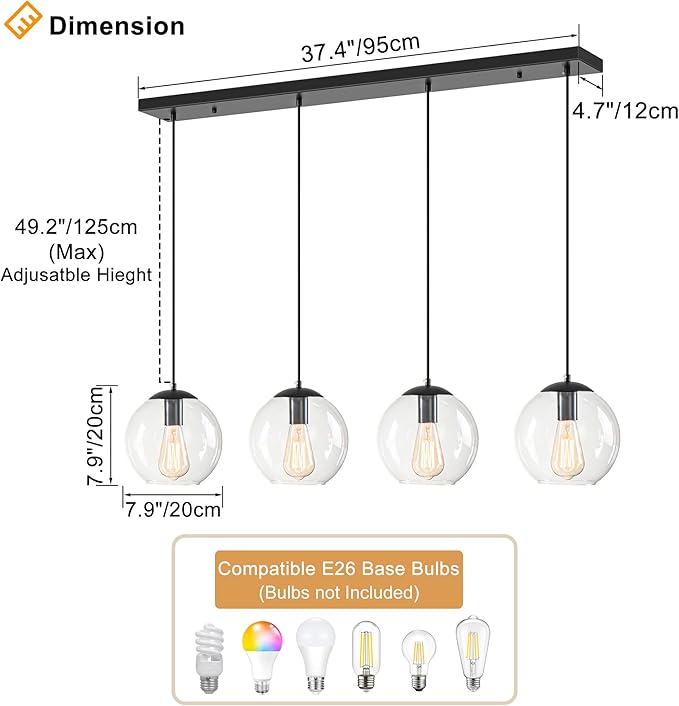 Globe Pendant Light, Modern Hanging Lighting Fixture, Classic Cluster Chandelier with Clear Glass Shades(Black, 4 Lights, 37.4 Inch)