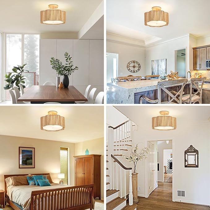 13 Inch Rattan Flush Mount Ceiling Light Fixtures 2-Light Boho Light Fixtures for Bedroom,Close to Ceiling Light Modern for Hallway Kitchen Entryway Dining Room