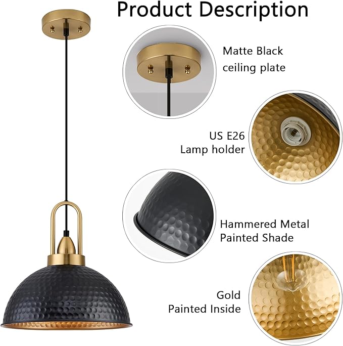 Black Pendant Lights Kitchen Island Industrial Adjustable Height Vintage Farmhouse Dome Hanging Light Fixtures for Barn, Dining Room 1 Pack