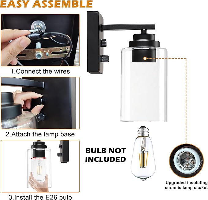 Pia Ricco Wall Sconces Set of Two, Bedside Wall Lamps with Rotary Switch for Bedroom, Modern Bathroom Light Fixtures with Clear Glass Shade, Black Sconces Wall Lights for Living Room, Hallway, Kitchen