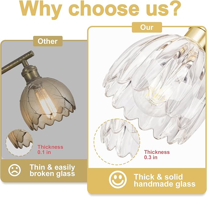 Vintage Bathroom Light Fixtures,2-Light Hardwired Vanity Lights with Clear Tulip Glass Shade,Gold Bathroom Vanity Light for Mirror Restroom,E26 Socket,14.57 in(Bulbs Not Included)
