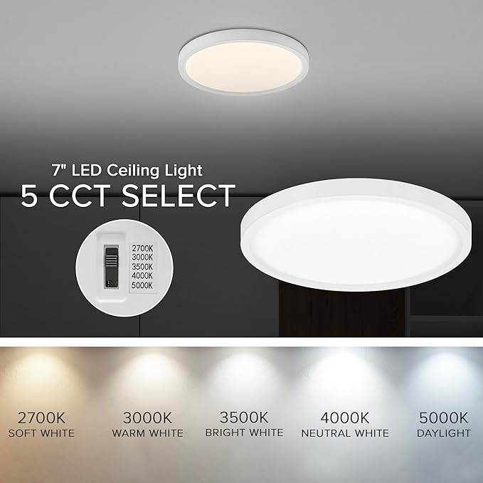 Maxxima 7 in. LED Flush Mount Ceiling Light Fixture - 900 Lumens, 5 CCT 2700K-5000K, Round Color Selectable Panel Light, Dimmable, Recessed Can or J-Box Install, Suitable for Bathroom or Shower