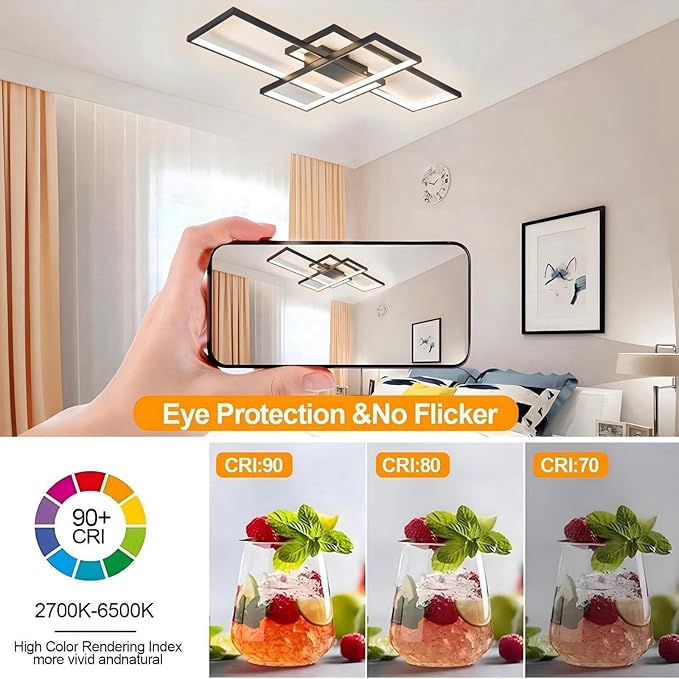 Modern Dimmable LED Ceiling Light Fixture,with Remote Control 3 Color Selectable Flush Mount Ceiling Lamp Ceiling Lights for Sitting Room Kitchen Bedroom(Black, 35.4 * 19.7 * 2.5 in)