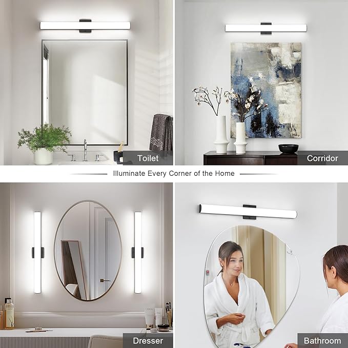 Black Bathroom Vanity Light Bar - 24W 24" Dimmable LED Modern Light Fixture for Bathroom Mirror - Wall Mount Vanity Lighting - Matte Black