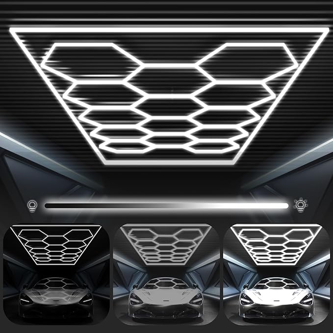FERUERW Hexagon Garage Lights 3 Level Dimmable with Rectangle Frame, High Brightness 672W 26000 to 86400LM 6500K, 14 Hex Grid for Garage, Shop, Basement, Car Detailing Shop etc. with Mounting Clip