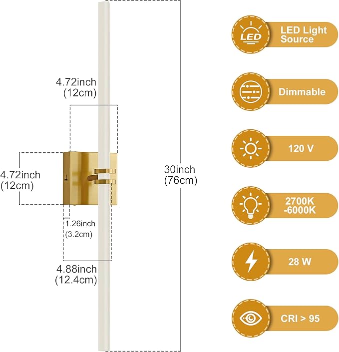Bathroom Light Fixtures,Gold 28W LED 360° Full Lighting Modern Wall Sconce Vanity Light with 5-Color Dimmable 3000K-6000K, 29.92inch Vanity Lighting for Bath, Powder Room, Bedroom, Hallway