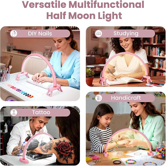 Yokilly Arc Half Moon Light: 16" Half Moon Light with Foldable Bracket for Desk Salon Table Use - No Flicker & Shadow-Free Desk Lamp with Stepless Brightness 3000-6500K for Manicurist Nail Tech