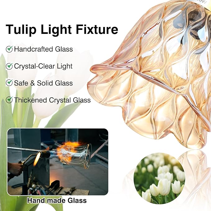 Vintage Wall Sconces - Hardwired Wall Lights with Amber Tulip Glass Shade,Brass Wall Lamps for Bathroom Bedroom Stairway Bathroom Living Room Corridor(Bulbs Not Included,E26 Socket)