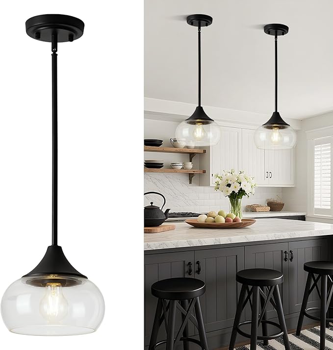 2 Pack Pendant Lights Kitchen Island, Modern Black Pendant Light Fixtures with 8.5" Clear Glass Shade, Industrial Hanging Pendant Lights Fixture for Kitchen Island Dining Room Bedroom Hallway Entryway