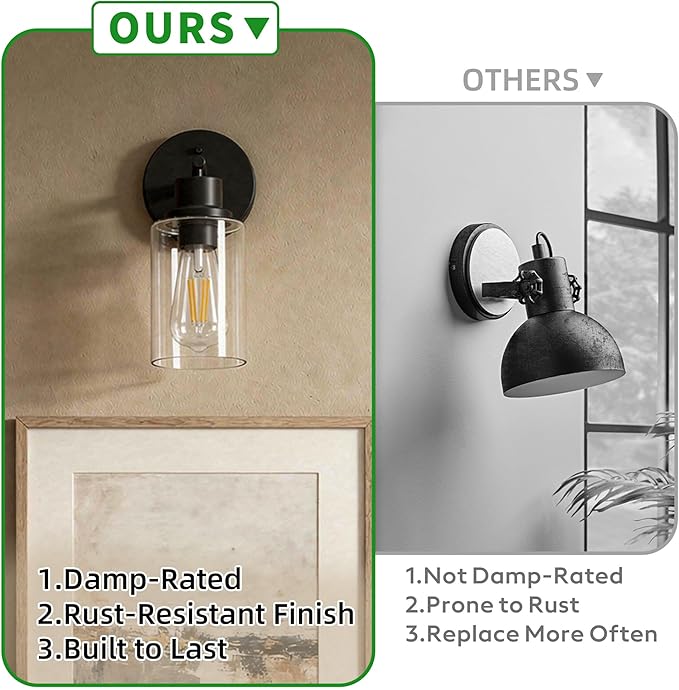 2-Pack Black Bathroom Wall Sconces, Modern Vanity Light Fixtures with Clear Glass Shade, 1-Light Wall Lamps Over Mirror for Bathroom, Bedroom, Hallway, Living Room