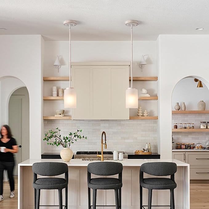 1-Light Mini Pendant Light Fixtures, Industrial Chandelier Hanging Ceiling Lights with Opal White Glass, Adjustable Height, White Brush Gold Pendant Lamp, 3 Pack