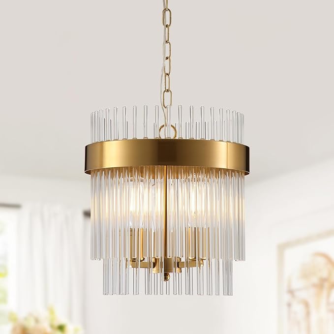 Dijiahua 3-Light Gold Pendant Lights Kitchen Island, 2-Tiers Crystal Pendant Light Fixtures Over Table, 12.6''Dia Brass Dining Room Glam Chandelier,Modern Adjustable Cord Hanging Lamp for Bedroom