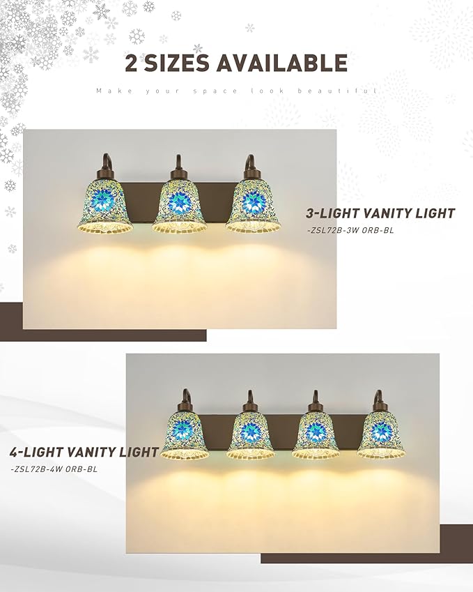 zeyu Bathroom Light Fixtures, 3-Light Bathroom Vanity Light, 22 Inch Modern Wall Sconces with Blue Mosaic Glass, Oil Rubbed Bronze Finish, ZSL72B-3W ORB-BL