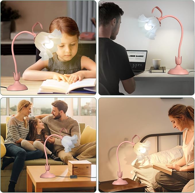 Flower Desk Lamp, LED Reading Light Flower Table Lamp, 3 Colors Flower Lamp for Girls Bedroom, Adjustable Flexible Nightstand Lamps, Bedside Table Lamp for Bedroom, Living Room, Home Decor (Pink)