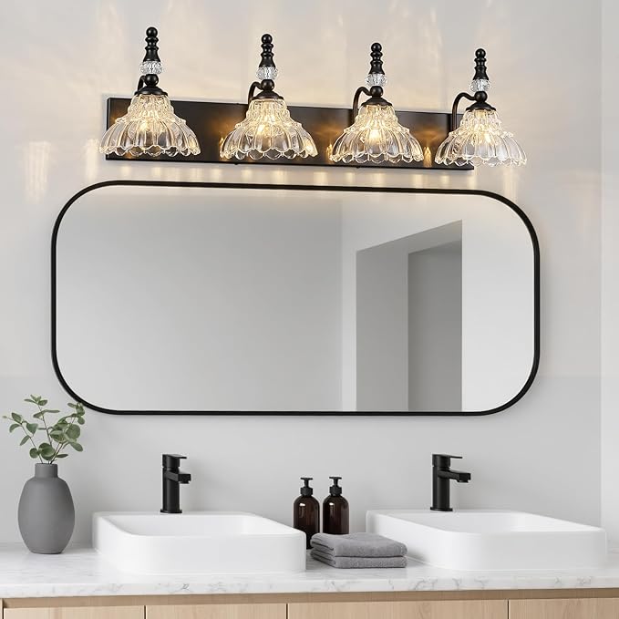 Vintage Bathroom Vanity Light, 4-Light Black Vanity Lighting Fixture with Flower Glass Shade, Bathroom Lighting Fixtures Over Mirror