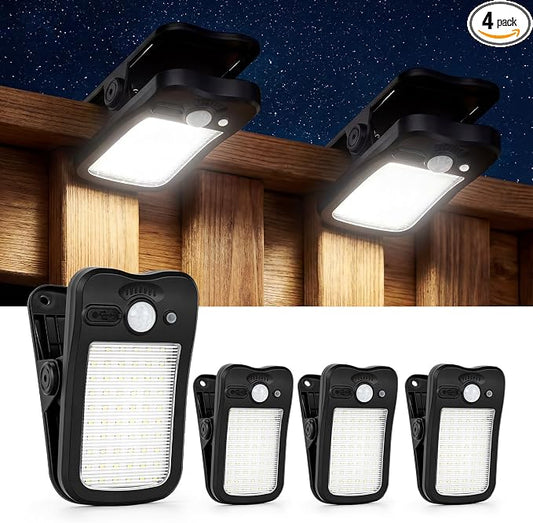 4 Pack Clip On Solar Lights Outdoor, 60 LED 500LM Motion Sensor Clamp Light, USB & Solar Powered Waterproof Security Lights for Fence Gutter Deck Camping, 1-Second Fast Install