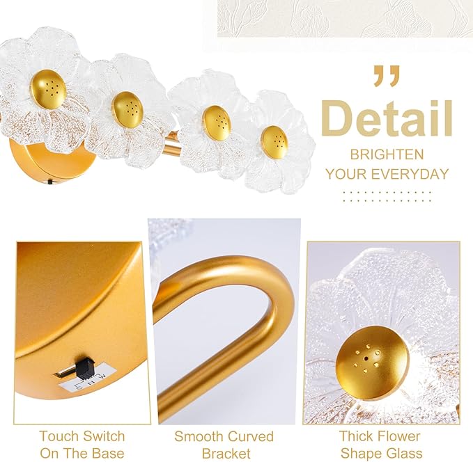 26.7" Gold Bathroom Light Fixtures 5 Light Floral Vanity Lights, 3-Color Dimmable Bathroom Vanity Light Elegant Led Wall Lights Cordless Wall Sconces for Decor,Bathroom,Livingroom