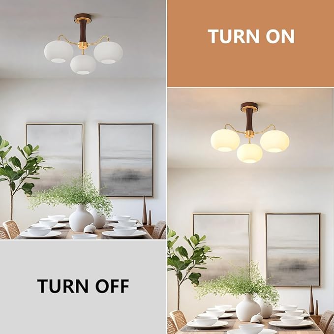 Semi Flush Mount Ceiling Light,3-Light Glass Lampshade Mid Century Ceiling Light Fixture for Bedroom Entryway Loft Kitchen Farmhouse