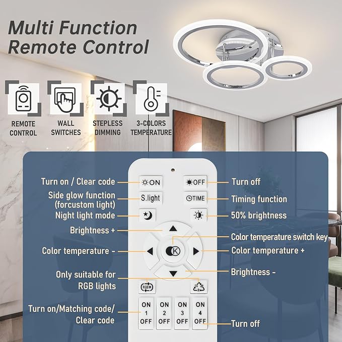 Dimmable Modern Led Ceiling Light 3 Rings Dimming Circle Modern Living Room Light Fixture Chrome Acrylic Flush Mount Ceiling Light with Remote for Bedroom Bathroom Kitchen Balcony Corridor