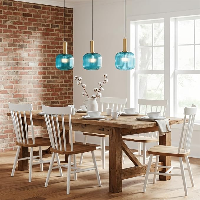 Boho Hanging Lamp, Blue Ribbed Glass Pendant Light with On/Off Switch, Coastal Style Plug in Hanging Light Adjustable Ceiling Lighting Fixture for Kitchen, Dining Room, Bedroom, Farmhouse